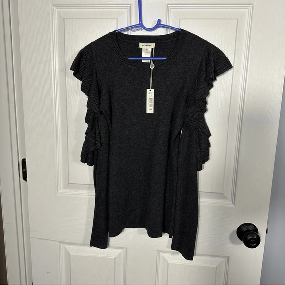 NEW with tags, Max Studio size XS gray sweater, ruffle sleeves, date night - Picture 2 of 7